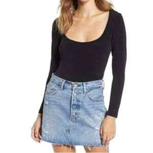 NWT Leith Black Double Scoop Long Sleeve Thong Bodysuit Size Large